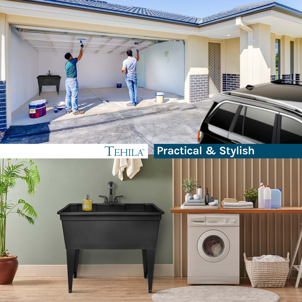 Tehila Freestanding Double-Wide Black Utility Sink with Steel Legs