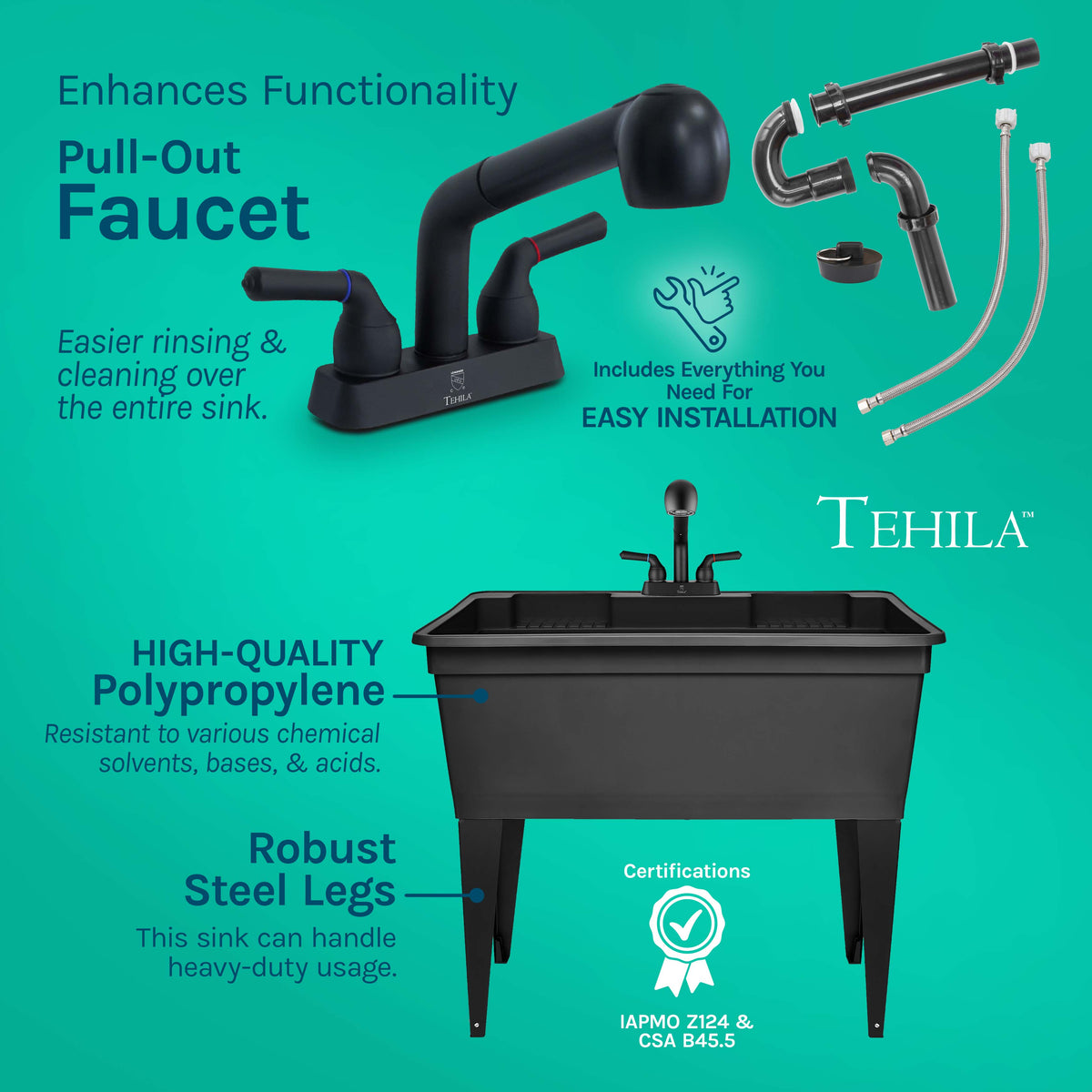 Tehila Freestanding Double-Wide Black Utility Sink with Steel Legs