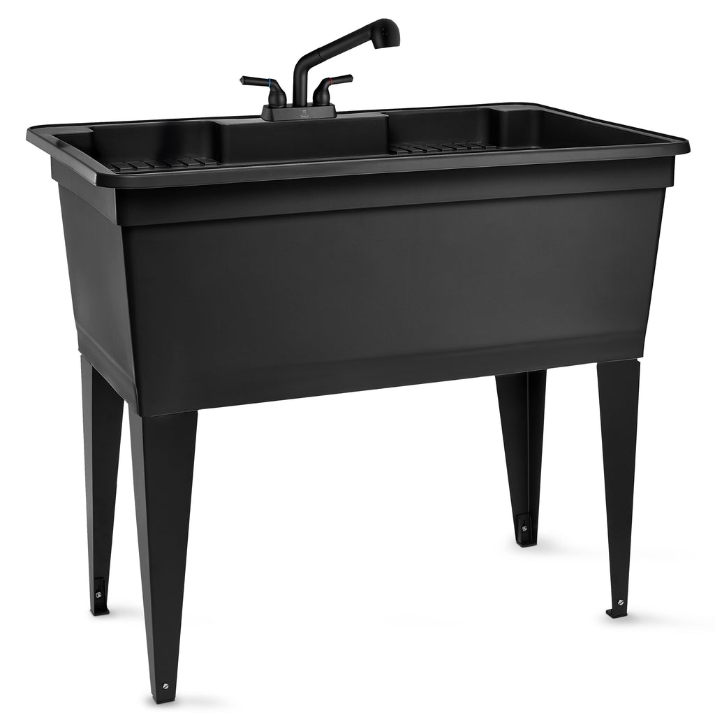 Tehila Freestanding Double-Wide Black Utility Sink with Steel Legs