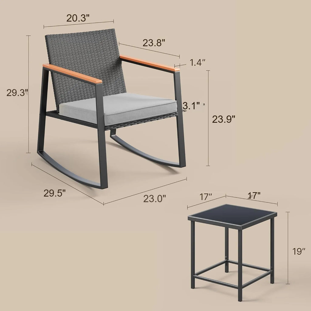 3 Pieces Rocking Patio Set with Armrest, with Glass Table and Cushion