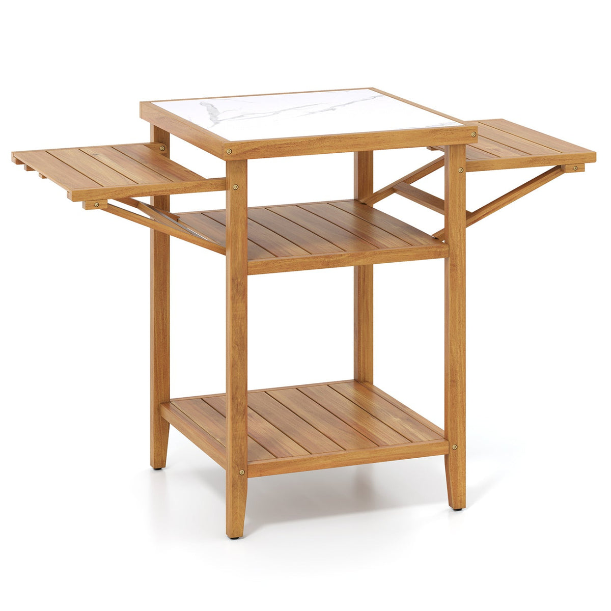 Acacia Wood Outdoor Grill Table with Faux Marble Top and Drop