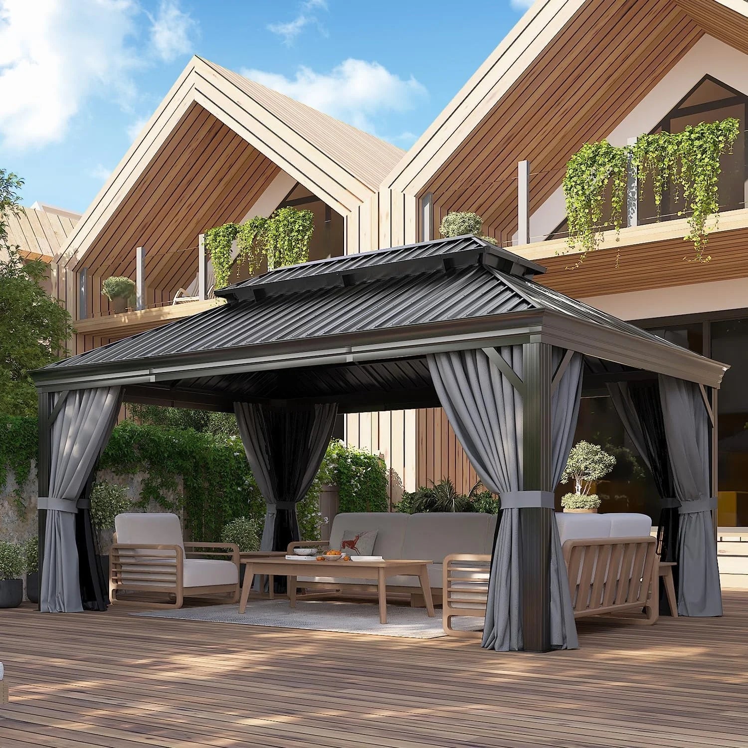 16x12 FT Heavy Duty Outdoor Gazebo Hardtop with Gutter Drainage System
