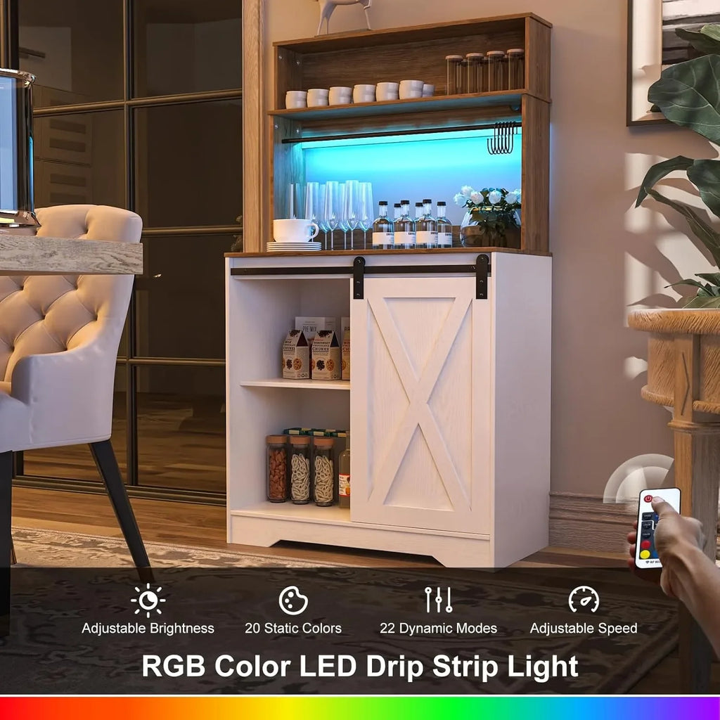 Coffee Bar Cabinet with LED Light, 55 Inch Bakers Rack with Storage