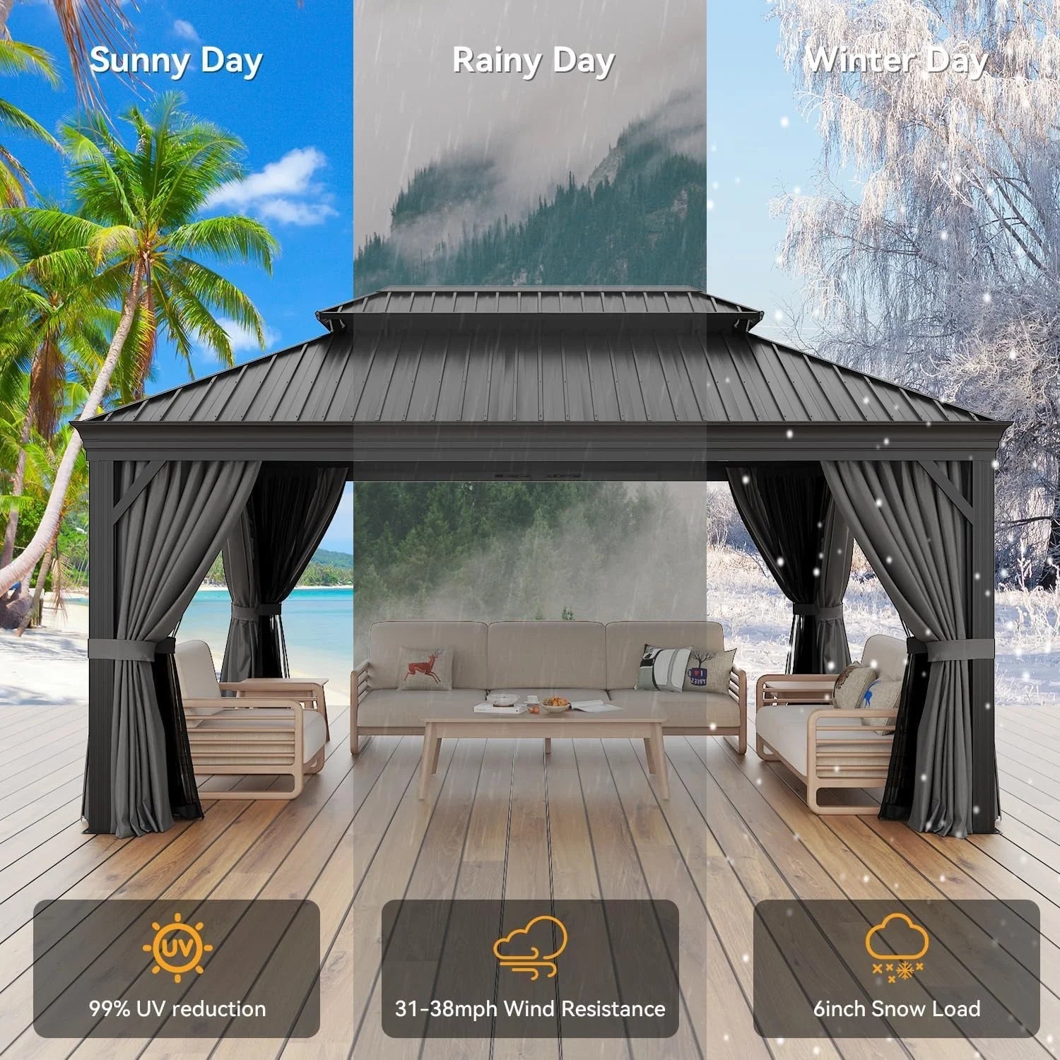 16x12 FT Heavy Duty Outdoor Gazebo Hardtop with Gutter Drainage System