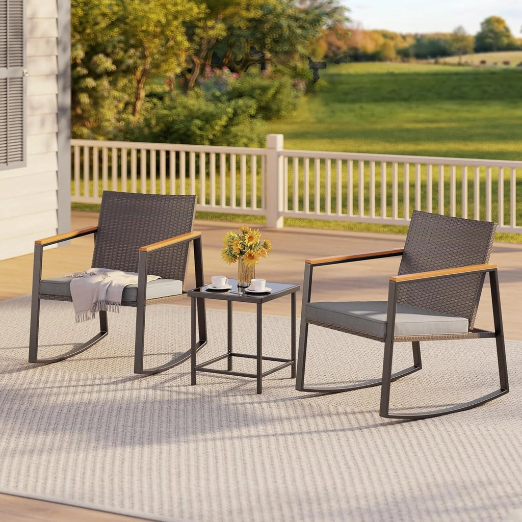 3 Pieces Rocking Patio Set with Armrest, with Glass Table and Cushion