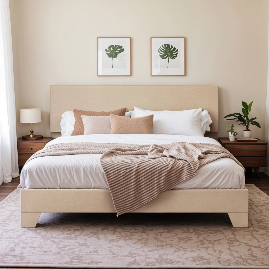 Upholstered Bed Frame with Adjustable Headboard, Soft Linen Fabric