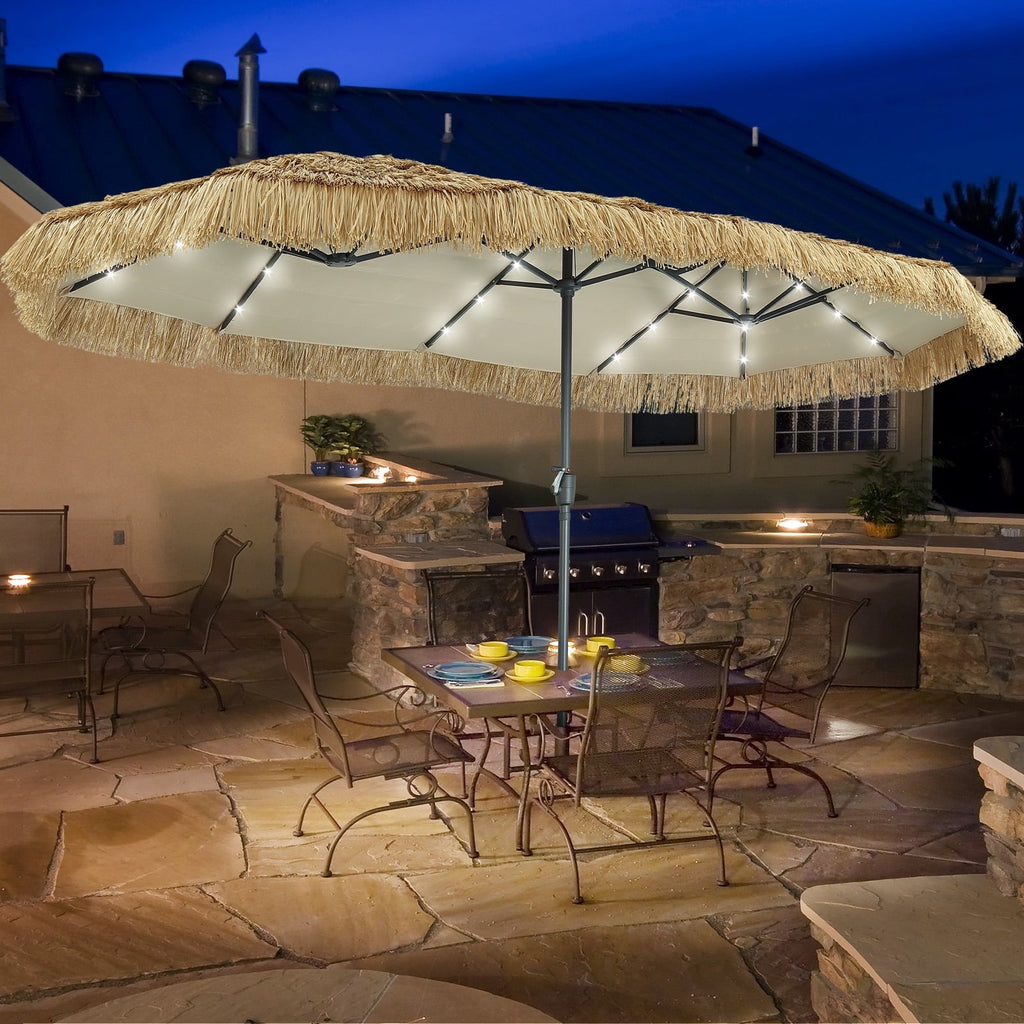 13ft Large Thatched Tiki Patio Umbrella with Solar LED Lights