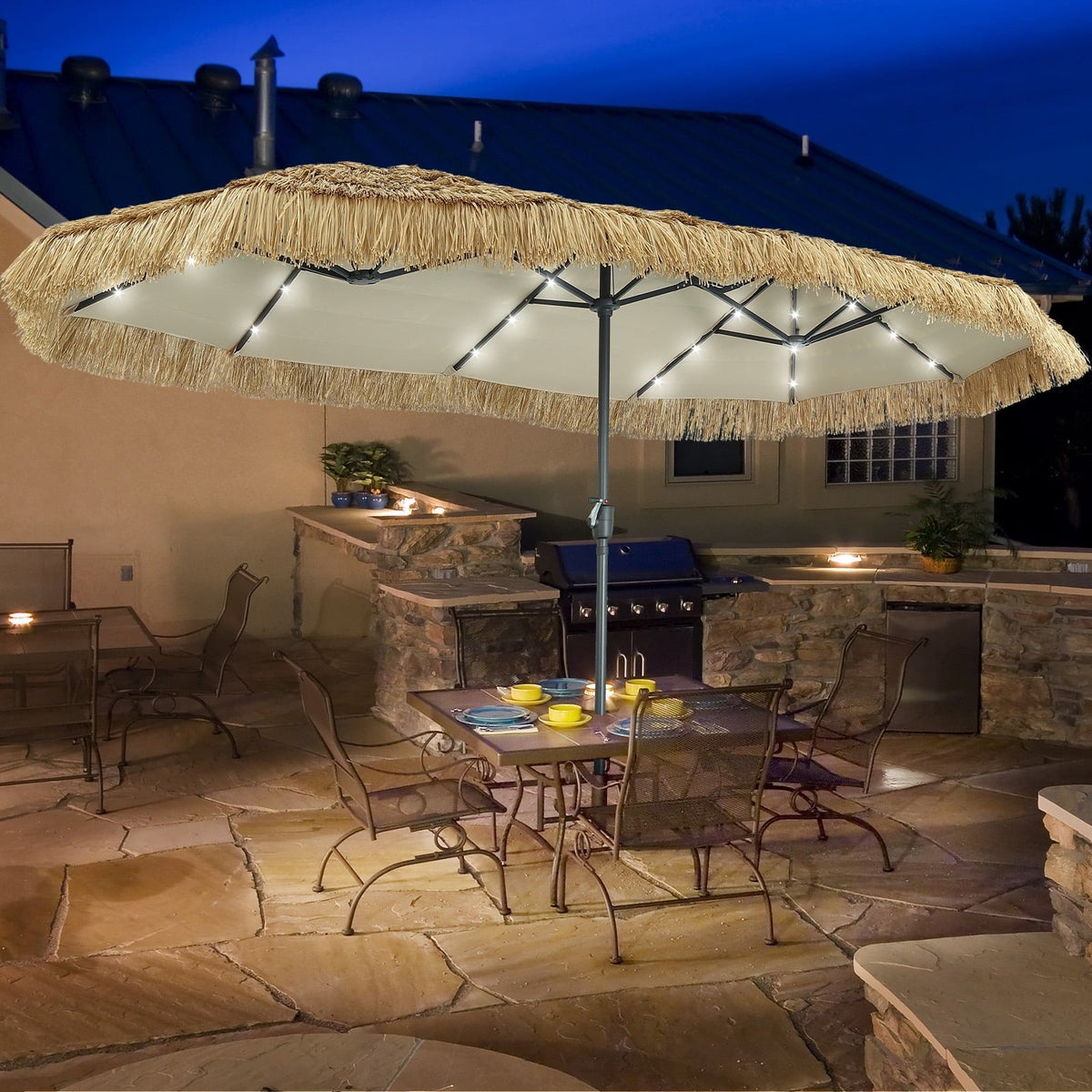 13ft Large Thatched Tiki Patio Umbrella with Solar LED Lights