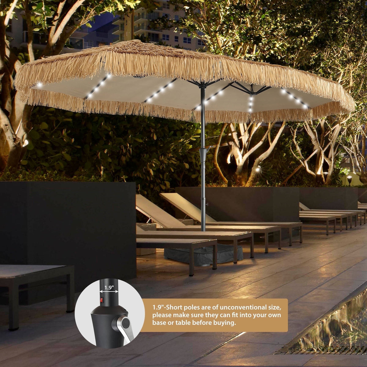 15ft Large Thatched Tiki Patio Umbrella with Lights, Weighted Sandbags