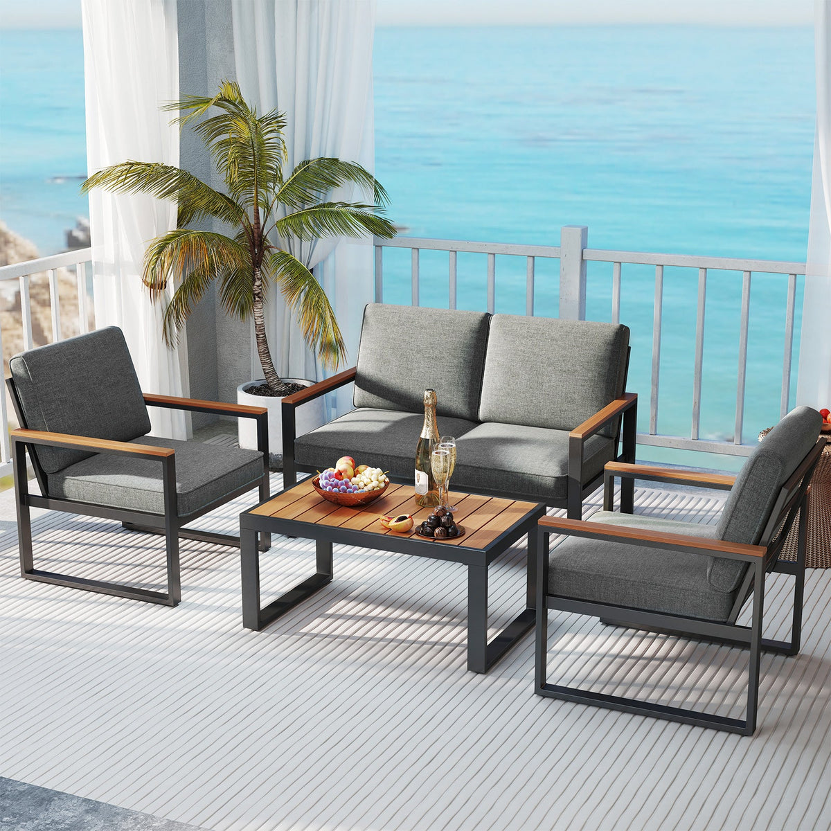 4 Piece Patio Aluminum Furniture Set with Armrests and Tabletop-Gray