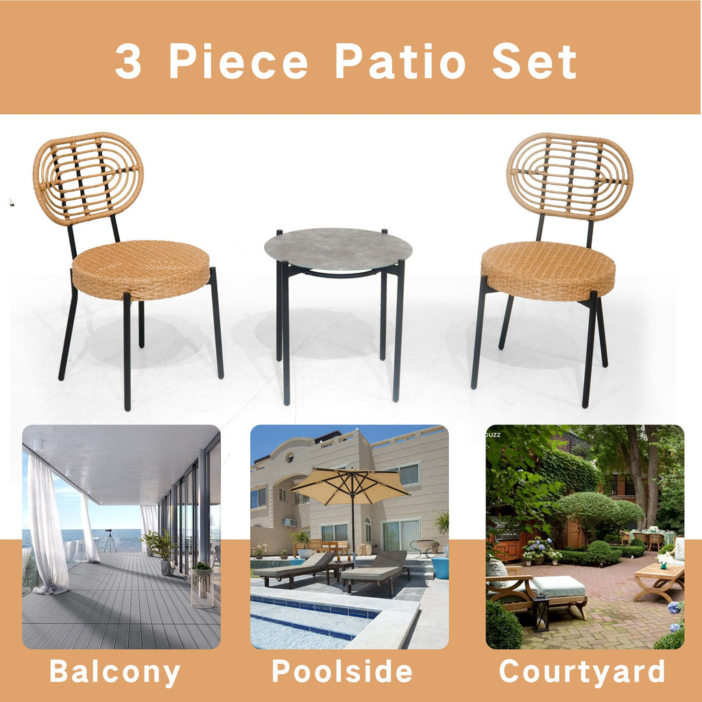 3 Pieces Of Outdoor Wicker Furniture - Patio Bistro Style Table And Chair Combination