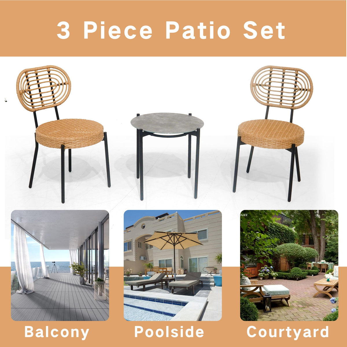 3 Pieces Of Outdoor Wicker Furniture - Patio Bistro Style Table And Chair Combination