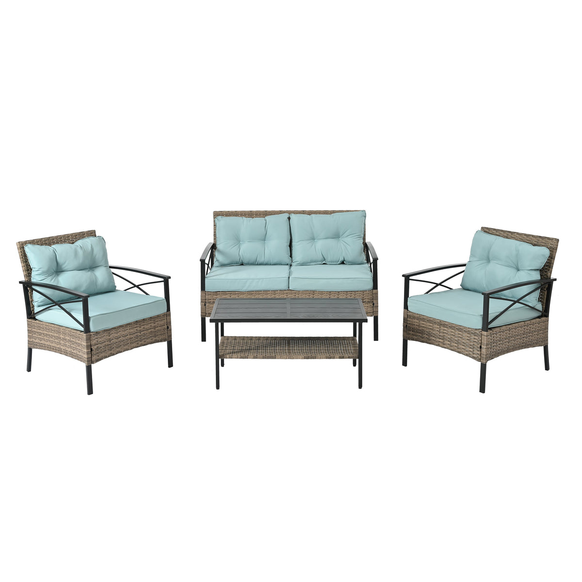 Patio Furniture, Four Set Wicker Furniture With Black Metal Table