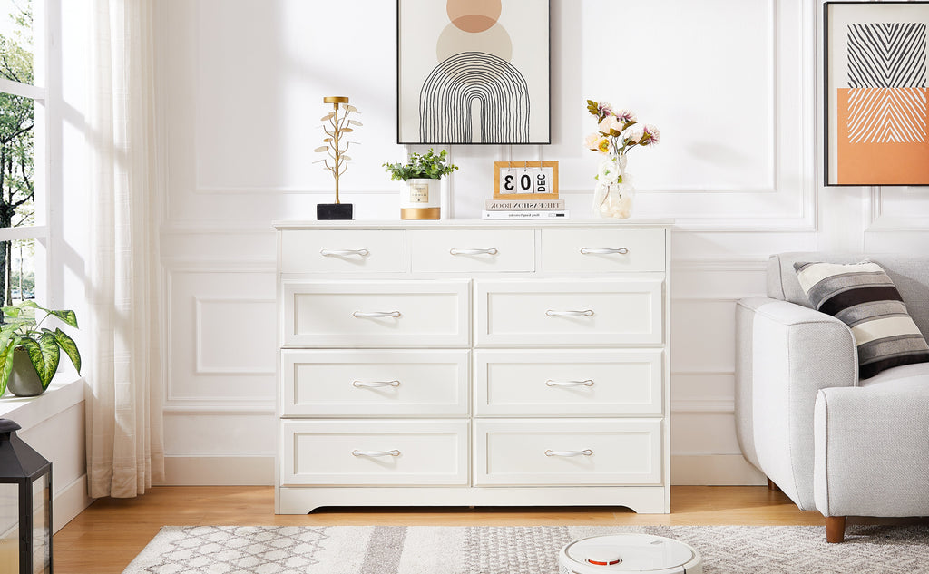 Bedroom dresser 9 drawer long dresser with antique handles wood chest of drawers