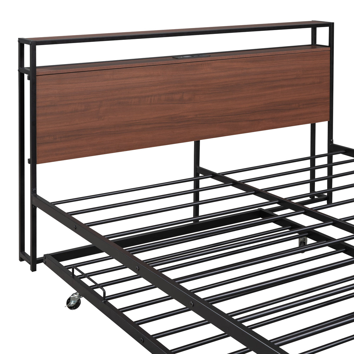 Queen Size Metal Platform Bed Frame with Trundle, USB Ports and Slat Support