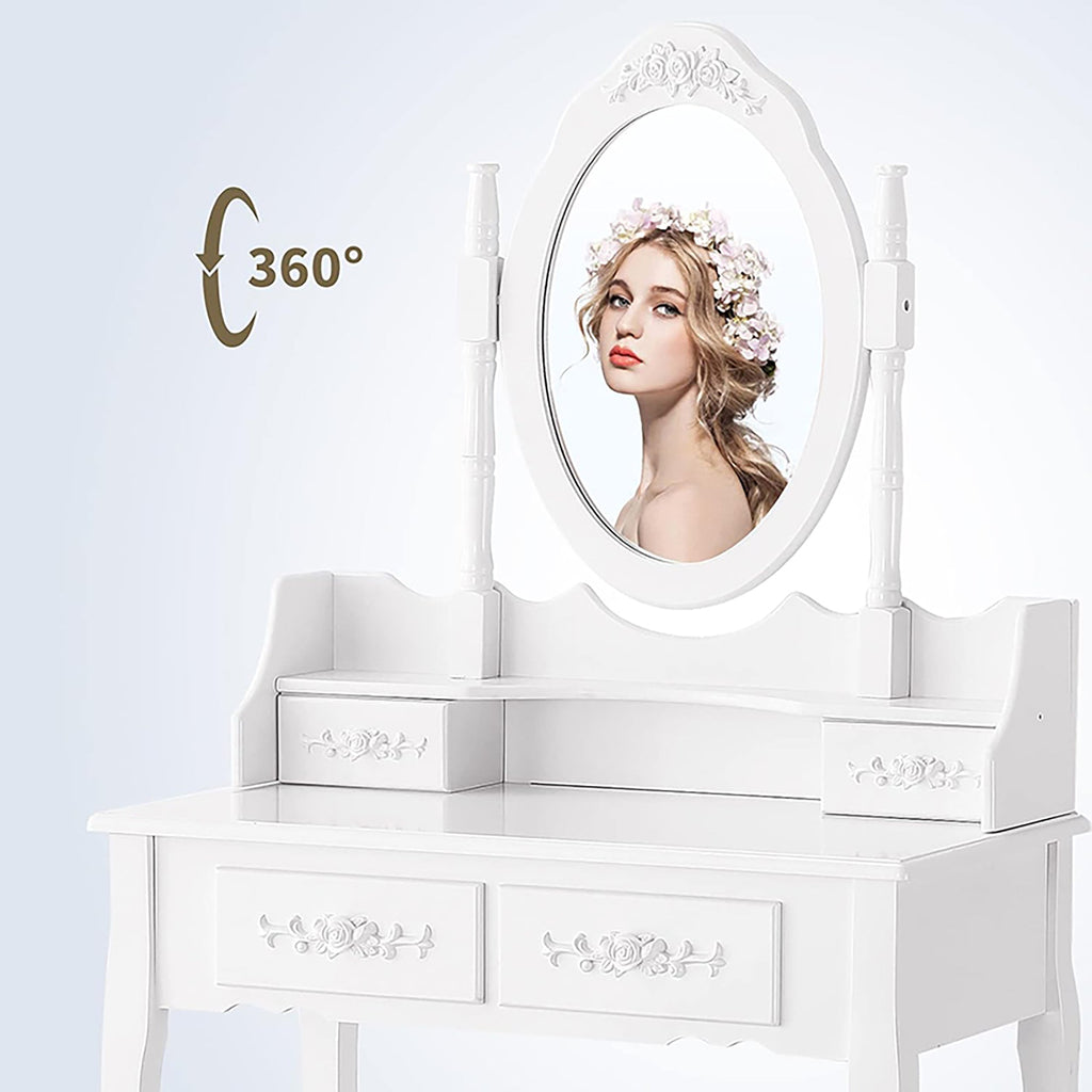 Vanity Table Set with 4 Drawer, Makeup Dressing Table w/Cushioned Stool
