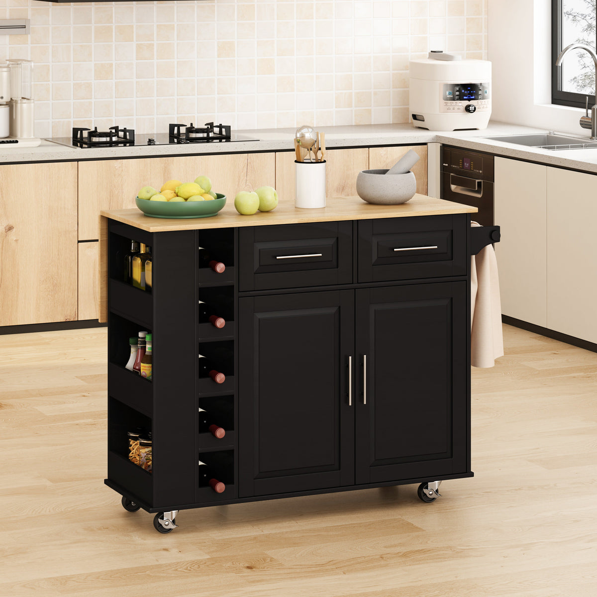 Multi-Functional Kitchen Island Cart, 2 Door Cabinet, Two Drawers