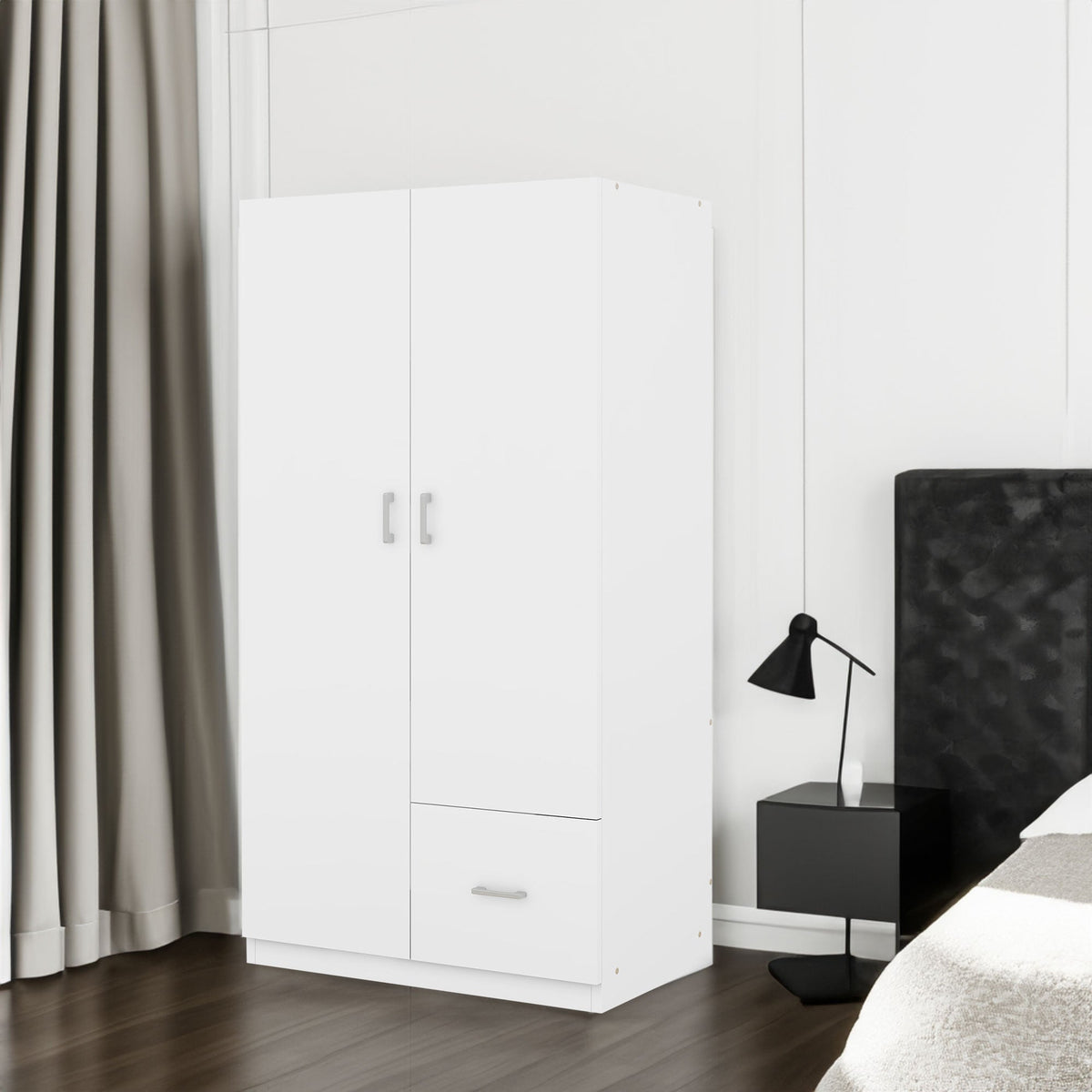 Wooden Wardrobe with Double Doors, Armoire with Hanging Rod, 5 Fixed Shelves