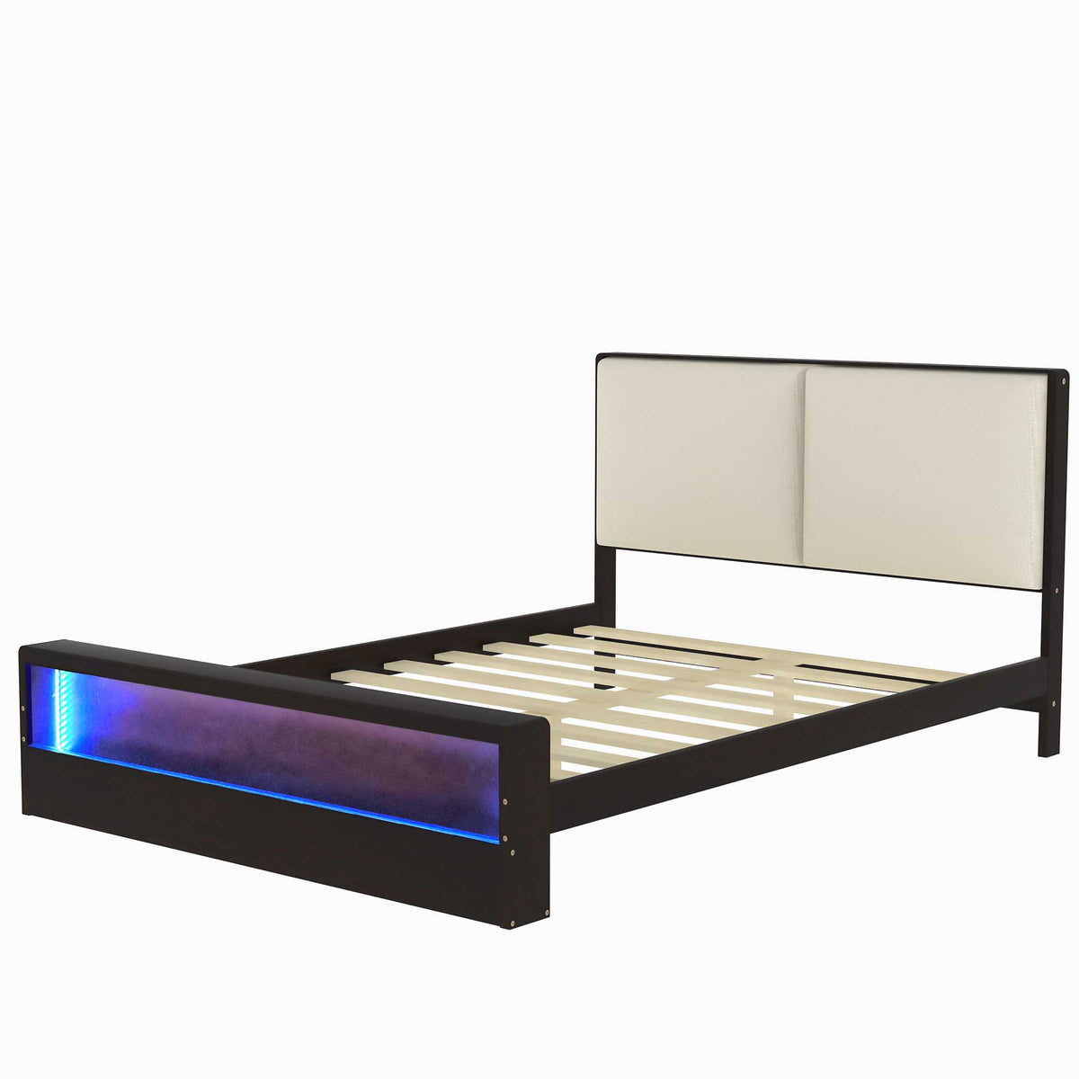 Queen Size Platform Bed Frame with Upholstery Headboard and Bookshelf
