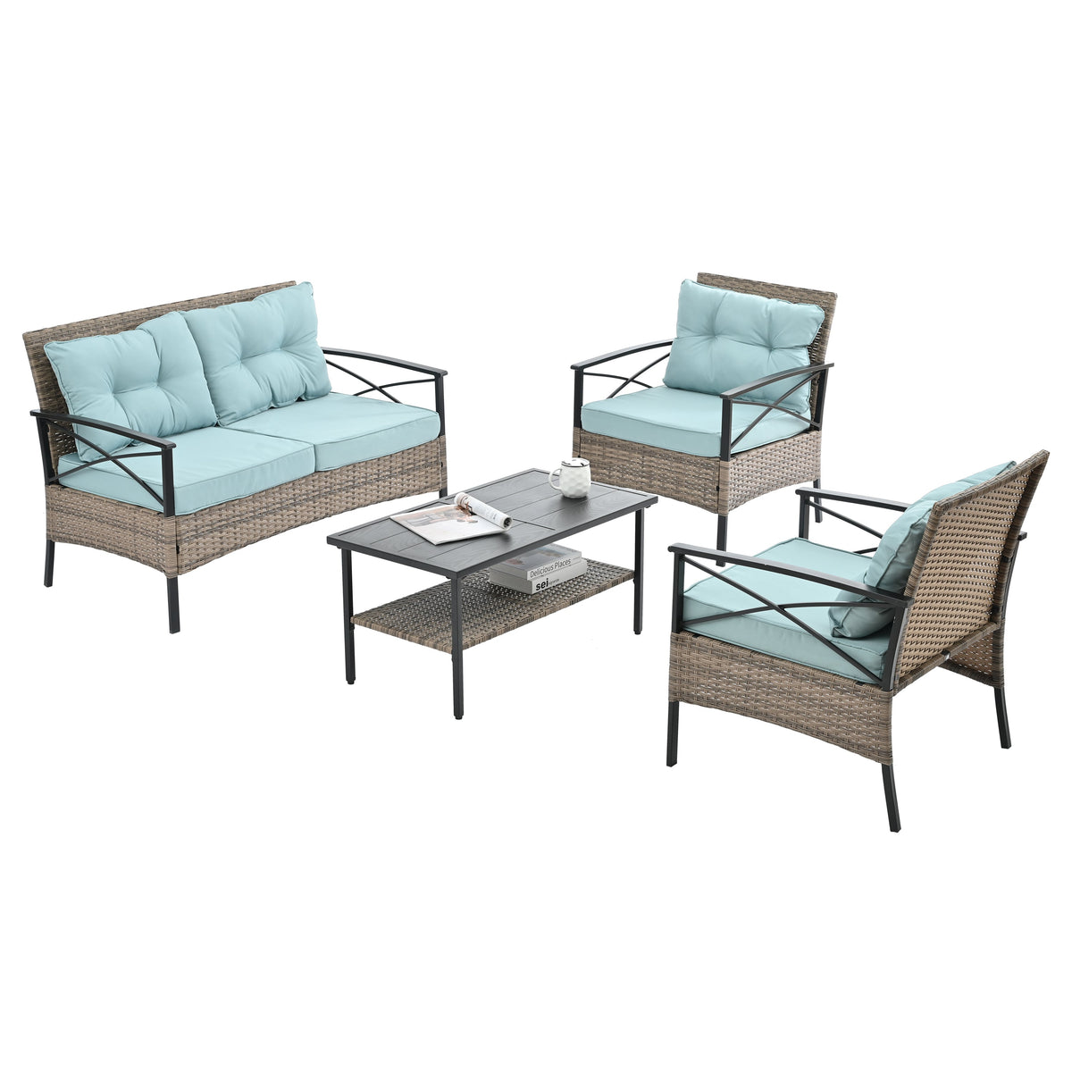 Patio Furniture, Four Set Wicker Furniture With Black Metal Table