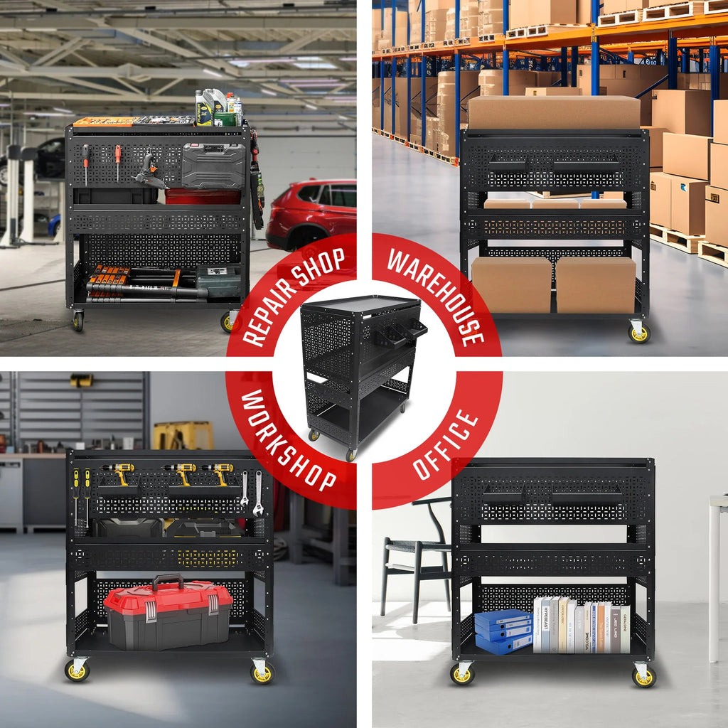 3-Tier Adjustable Rolling Tool Cart | Garage & Workshop Organizer