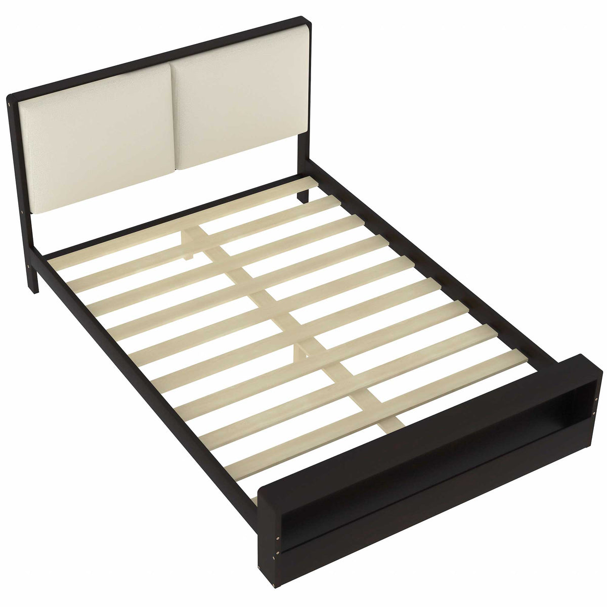 Queen Size Platform Bed Frame with Upholstery Headboard and Bookshelf