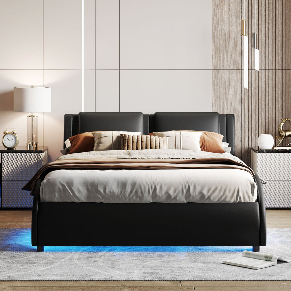Queen Size Upholstered Faux Leather Platform Bed with LED Light Bed Frame