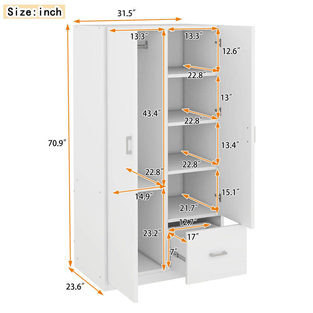Wooden Wardrobe with Double Doors, Armoire with Hanging Rod, 5 Fixed Shelves
