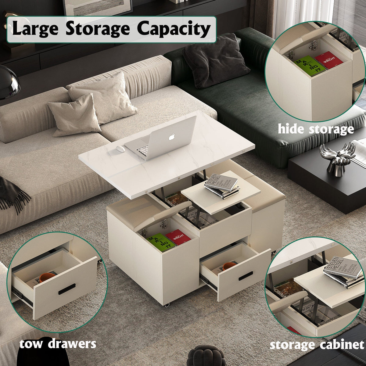 Modern lift coffee table, living room with 4 chairs, expandable, 1 hidden storage space