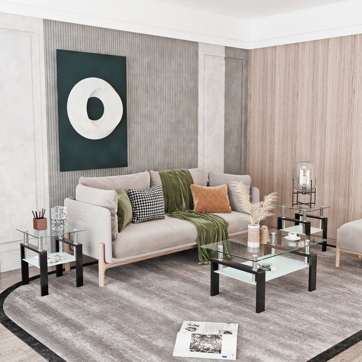 Set of 2, Modern Tempered Glass Tea Table Coffee Table End Table