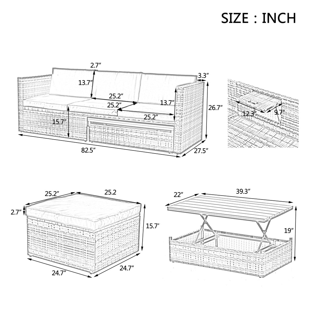 Patio Outdoor Furniture, 5 Set Wicker With Plywood Coffee Table