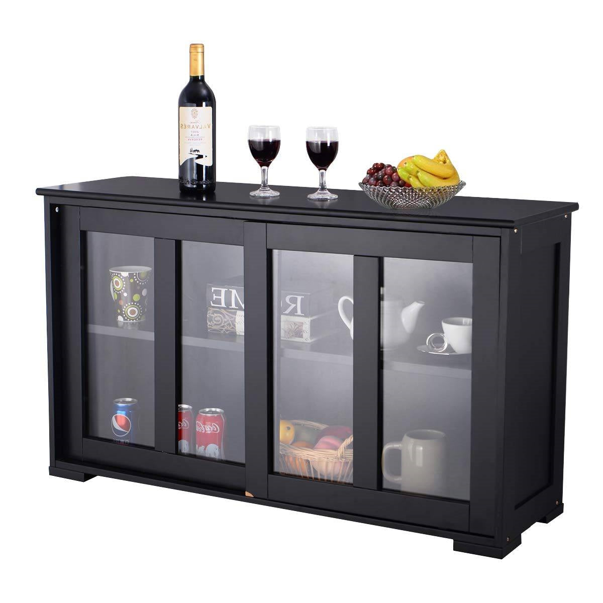 Black Buffet Dining Storage Cabinet with 2 Glass Sliding Doors