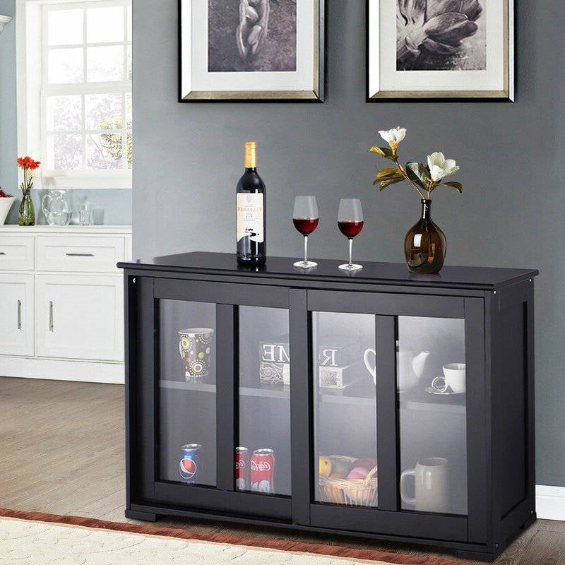 Black Buffet Dining Storage Cabinet with 2 Glass Sliding Doors