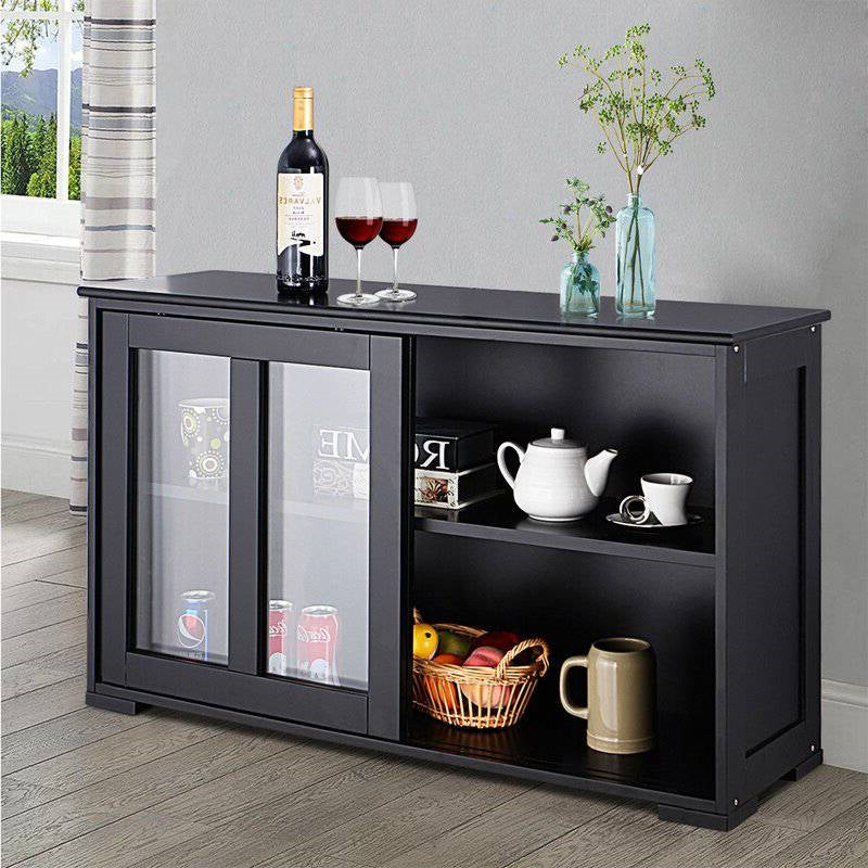 Black Buffet Dining Storage Cabinet with 2 Glass Sliding Doors