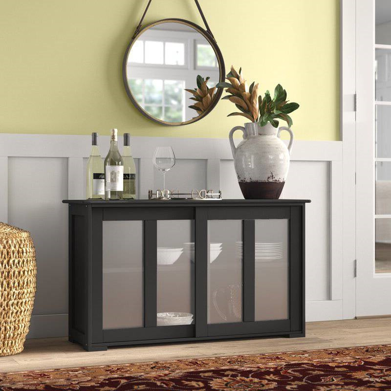 Black Buffet Dining Storage Cabinet with 2 Glass Sliding Doors