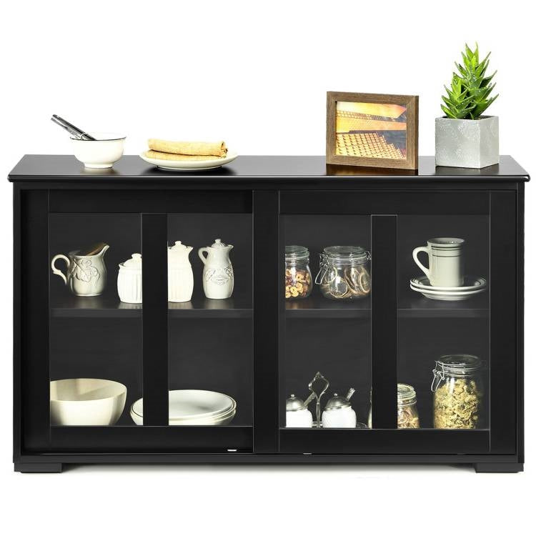 Black Wood Buffet Storage Cabinet w/ Glass Sliding Door