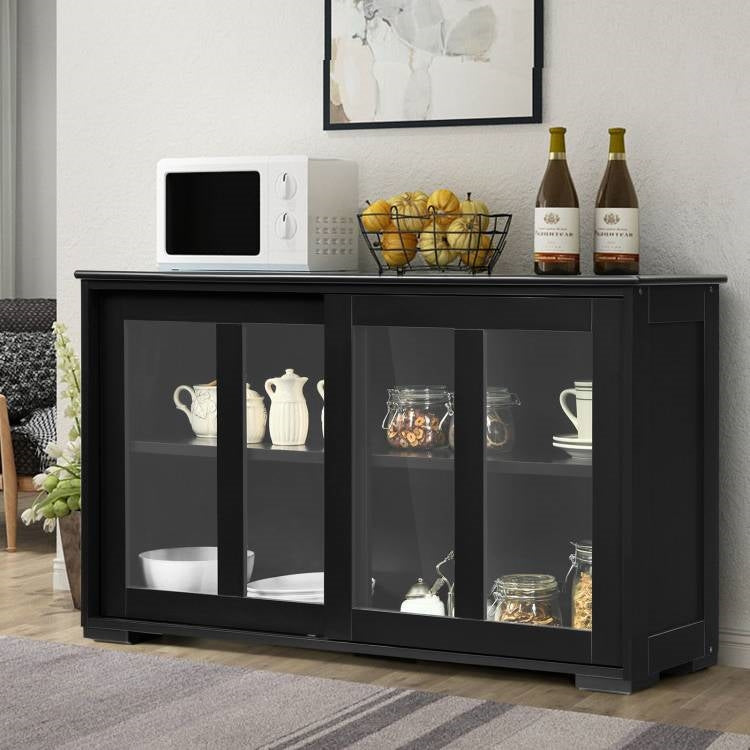 Black Wood Buffet Storage Cabinet w/ Glass Sliding Door