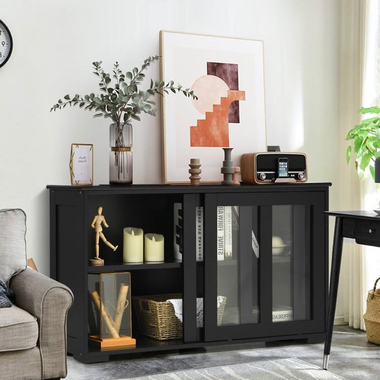 Black Wood Buffet Storage Cabinet w/ Glass Sliding Door