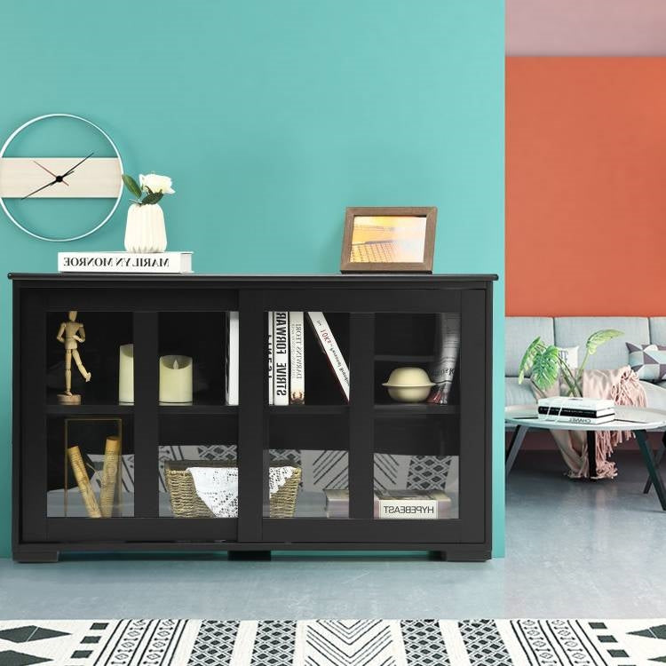 Black Wood Buffet Storage Cabinet w/ Glass Sliding Door