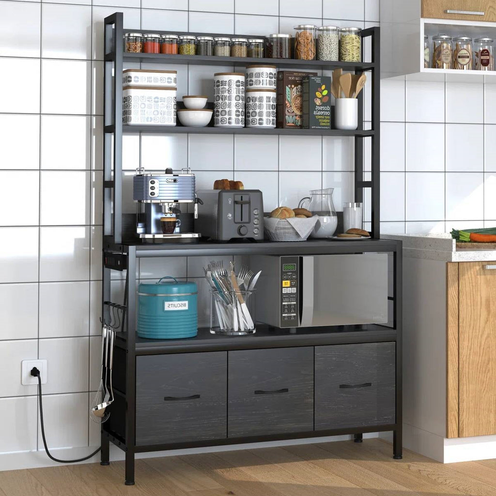 Black Metal Rack 4-Shelves with Bottom Storage Cabinets, Coffee bar