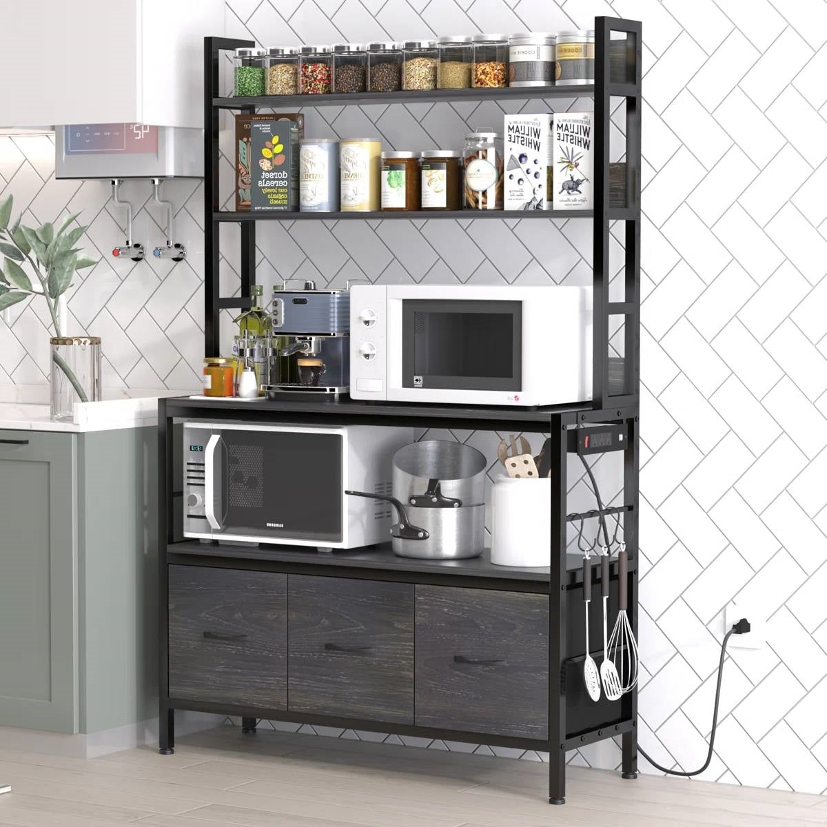 Black Metal Rack 4-Shelves with Bottom Storage Cabinets, Coffee bar