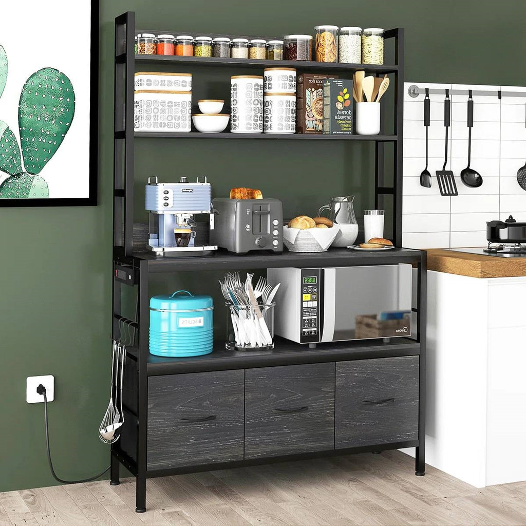 Black Metal Rack 4-Shelves with Bottom Storage Cabinets, Coffee bar