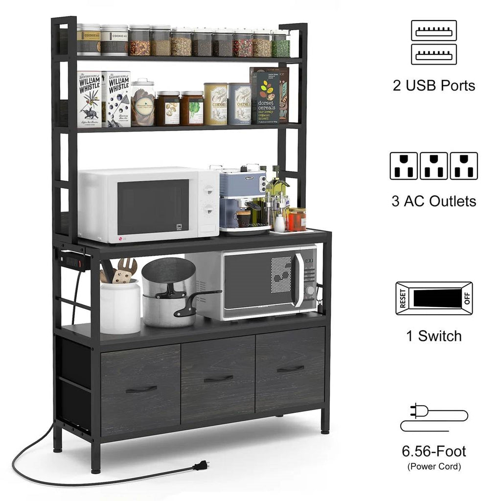 Black Metal Rack 4-Shelves with Bottom Storage Cabinets, Coffee bar