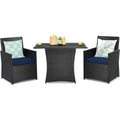 3-Piece Patio Dining Set Brown PE Rattan Navy Blue Cushions