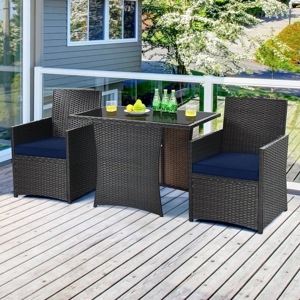 3-Piece Patio Dining Set Brown PE Rattan Navy Blue Cushions