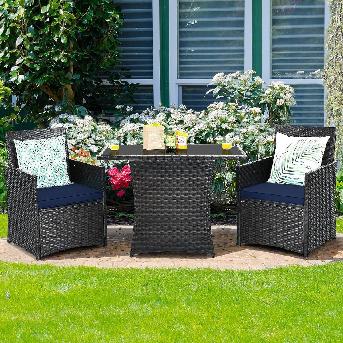 3-Piece Patio Dining Set Brown PE Rattan Navy Blue Cushions