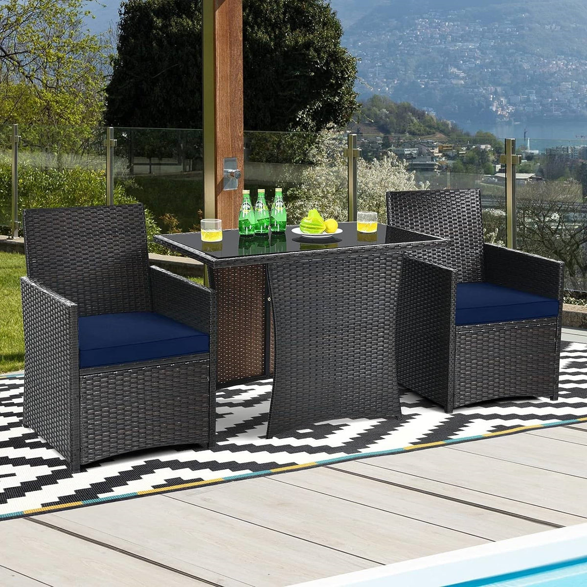 3-Piece Patio Dining Set Brown PE Rattan Navy Blue Cushions