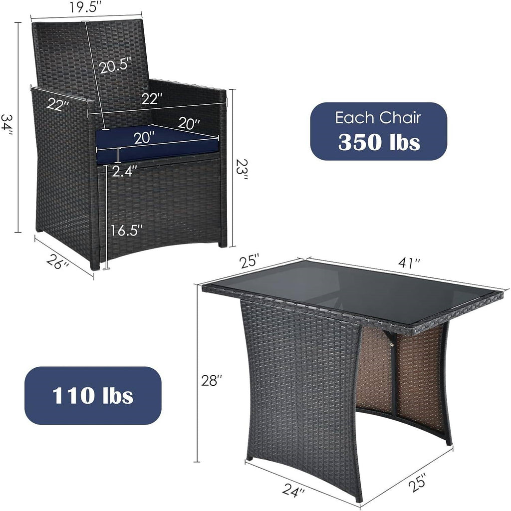 3-Piece Patio Dining Set Brown PE Rattan Navy Blue Cushions