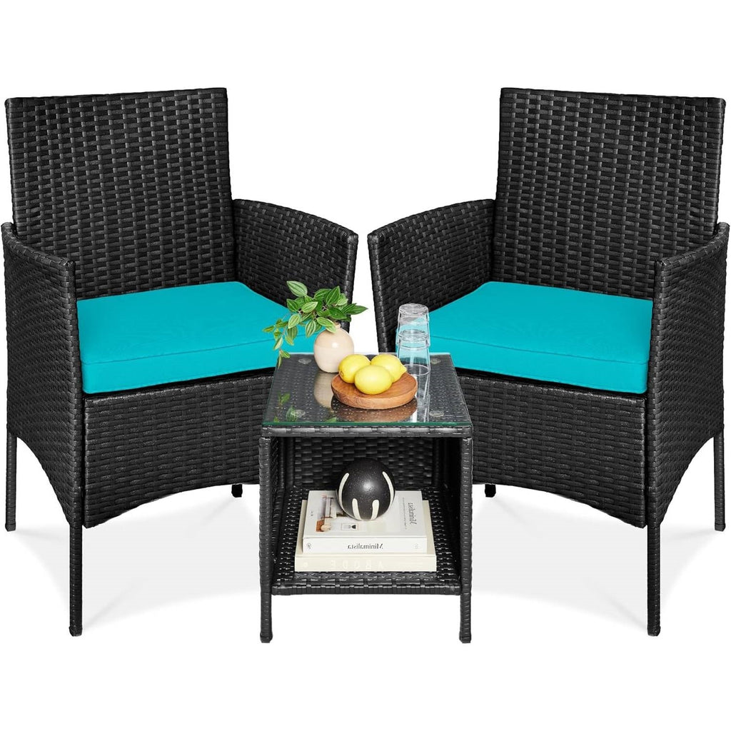 3-Piece Black Wicker Dining Patio Furniture Set w/ Teal Blue Cushions