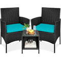 3-Piece Black Wicker Dining Patio Furniture Set w/ Teal Blue Cushions